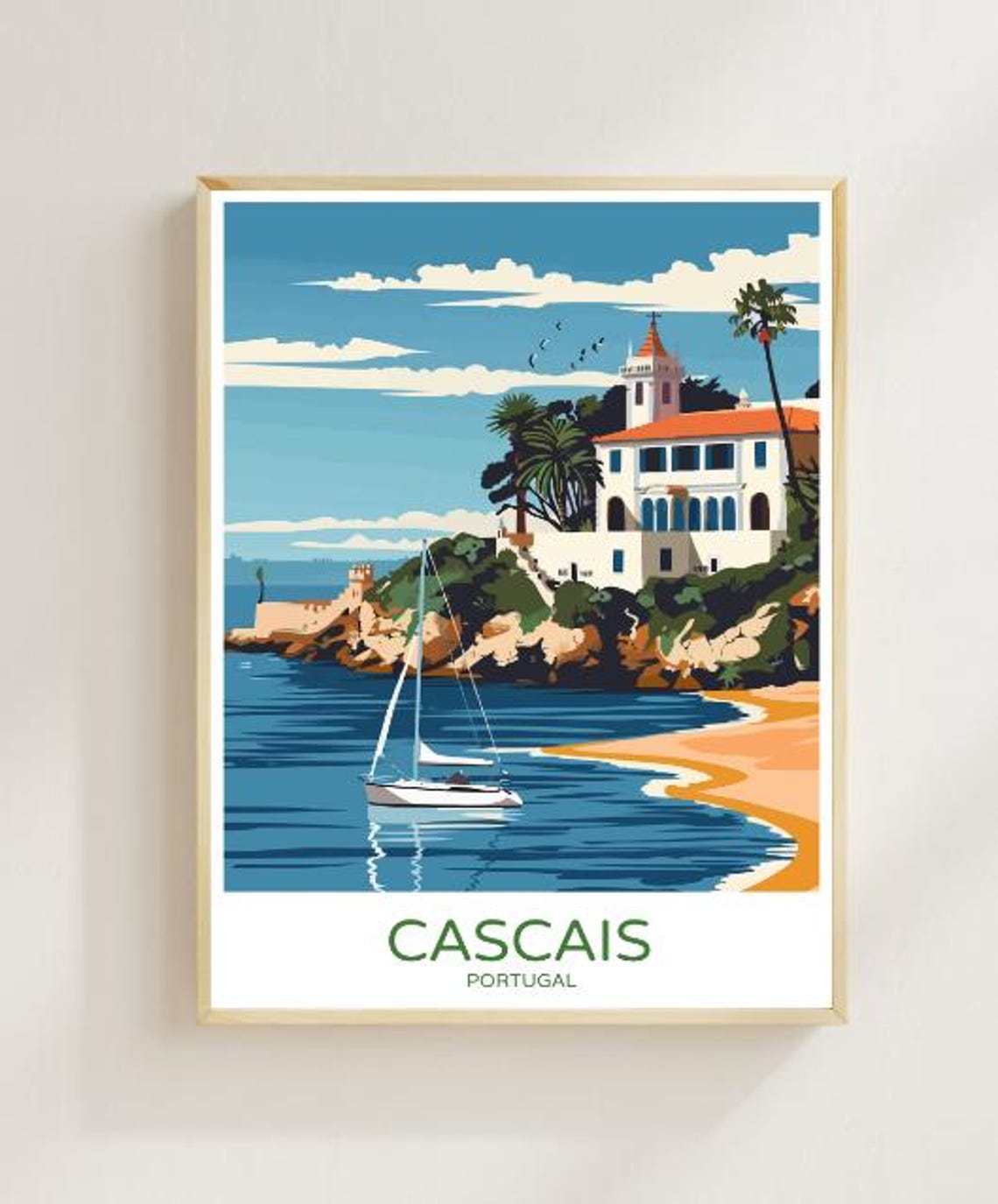 Cascais Portugal Travel Poster Beautiful Wall Art Of Seaside Town And Marina Portuguese Coastline Print Coastal Decor Vacation Gift