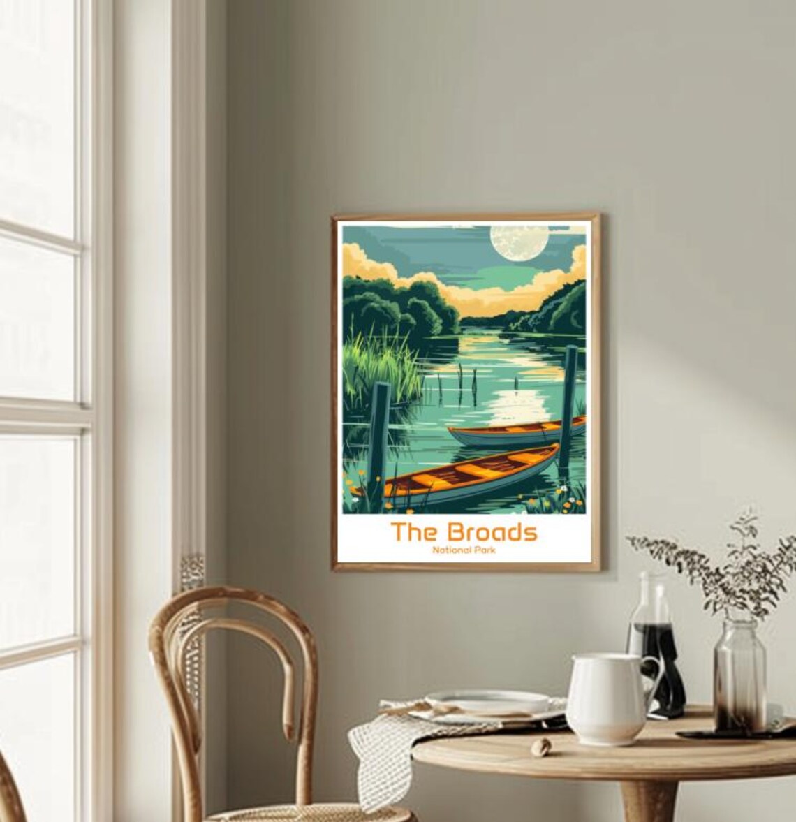 The Broads National Park Poster Moonlit Waterway Rowboats Vintage Art - Image 2