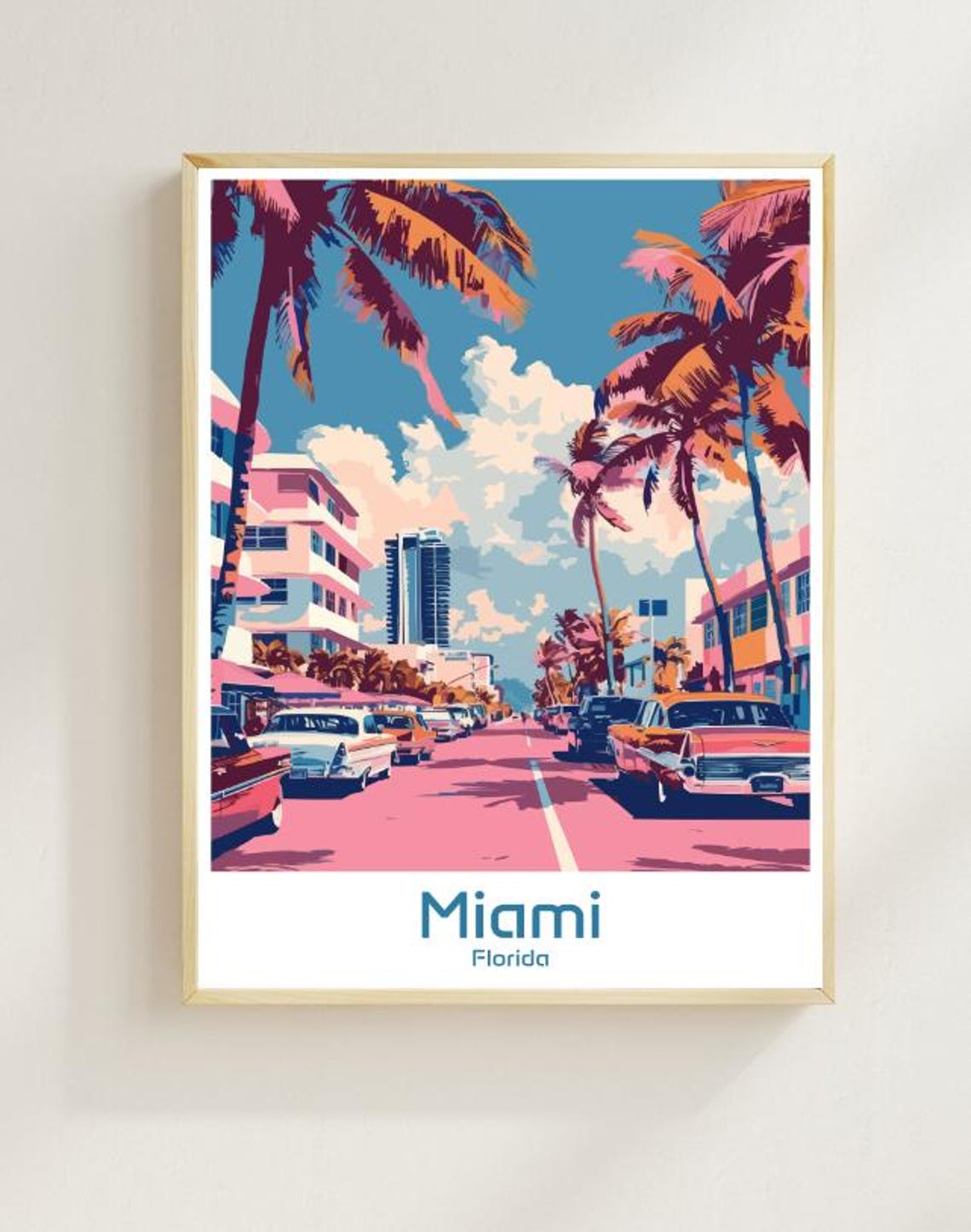 Miami Art Deco Street Palm Trees Retro Florida Wall Decor Poster
