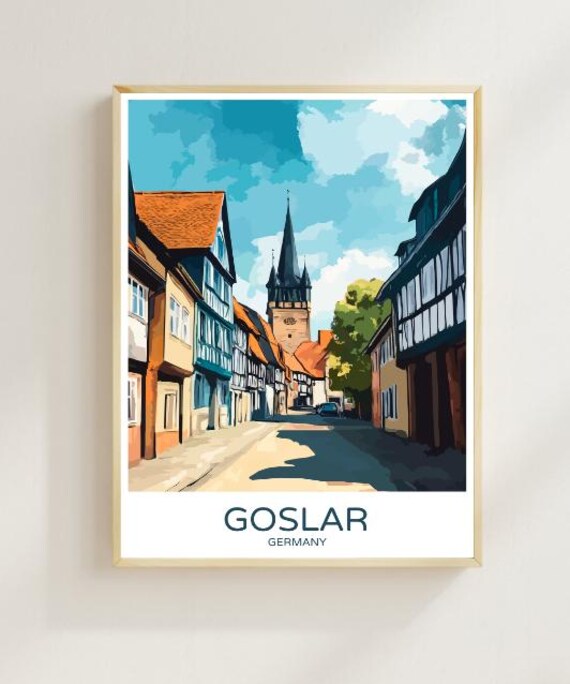 Goslar Germany Half Timbered Medieval Street Church Spire Travel Poster