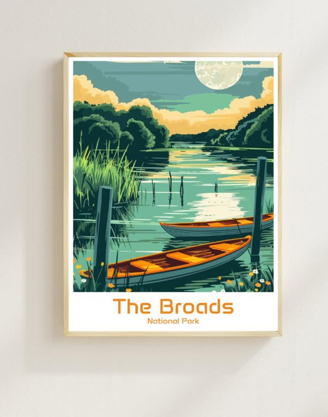 The Broads National Park Poster Moonlit Waterway Rowboats Vintage Art