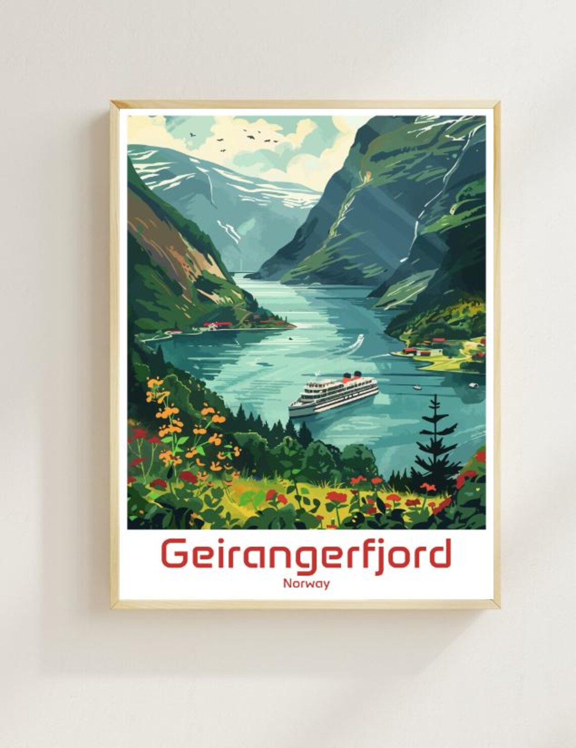 Geirangerfjord Norway Cruise Ship Fjord Retro Illustration Poster