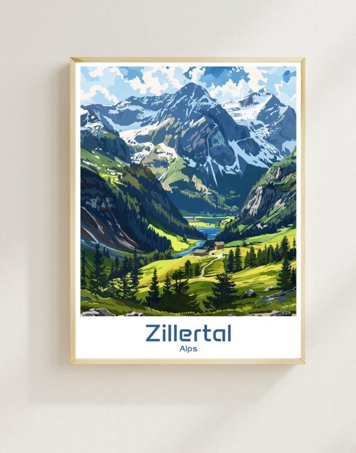 Zillertal Alps Snowy Peaks Green Valley Austria Nature Poster