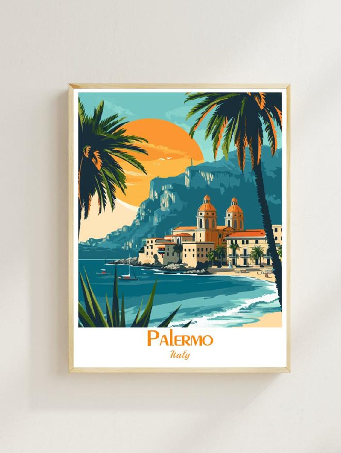 Palermo Italy Sicily Sunset Cliffs Beach Vintage Travel Poster