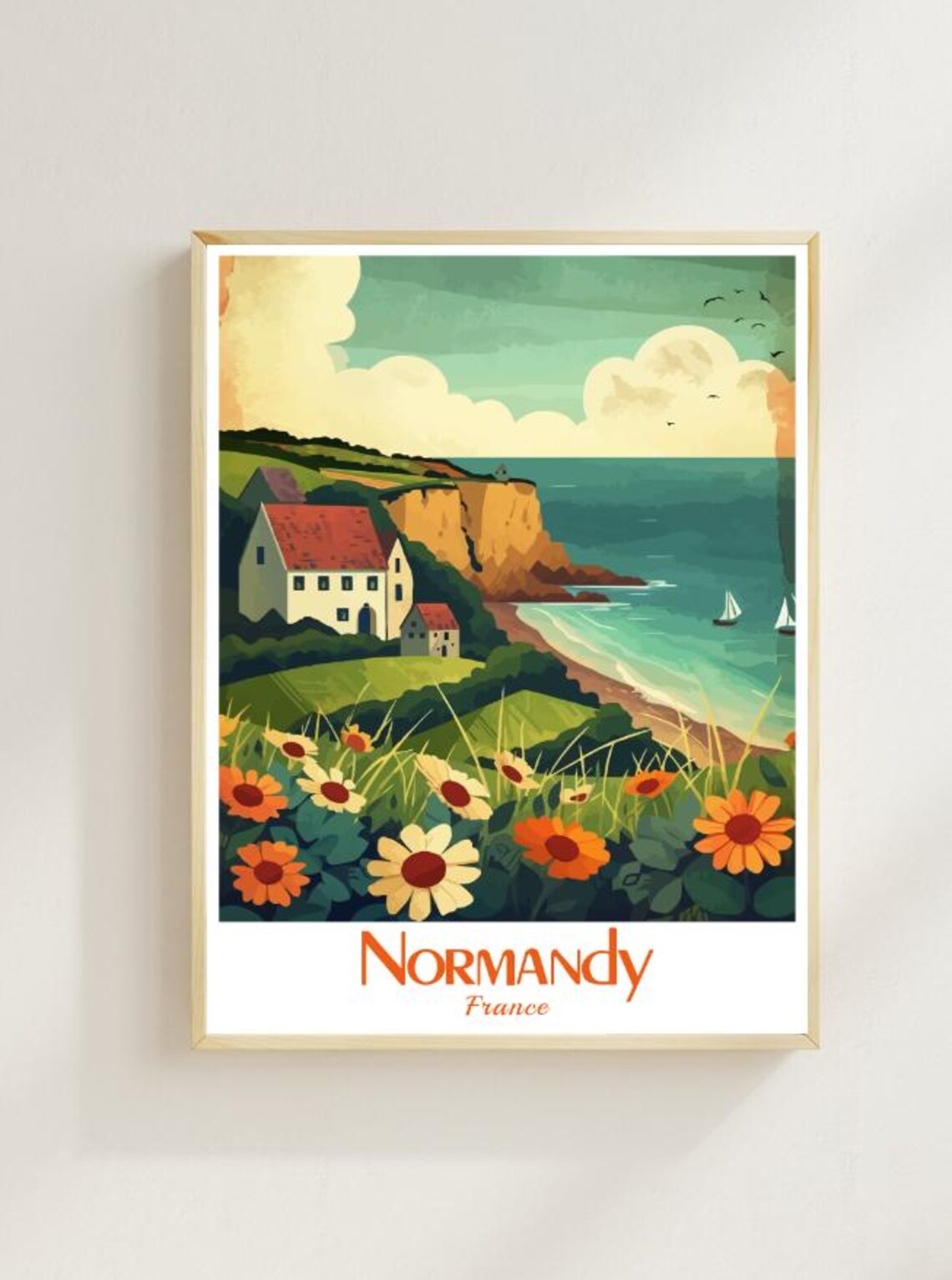 Normandy France Coastal Cliffs Village Wildflowers Travel Poster