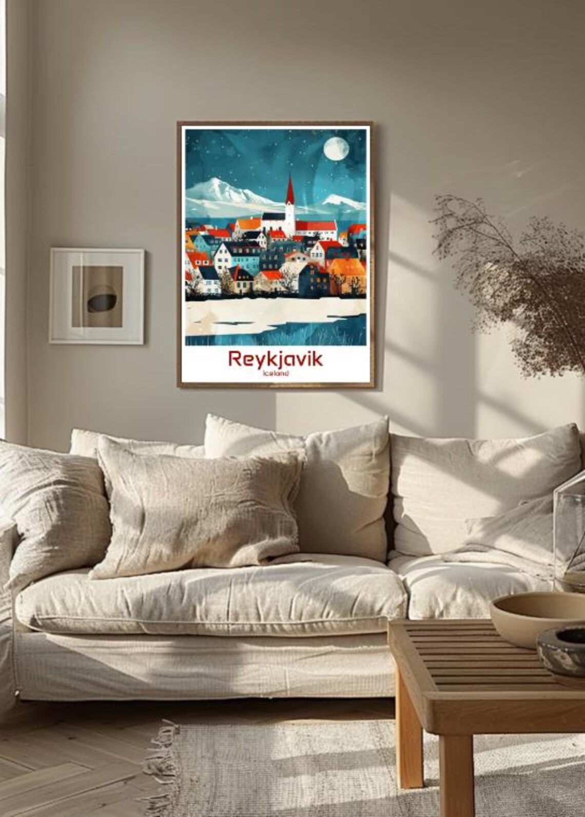 Reykjavik Iceland Winter Night Cityscape Moon Vintage Travel Poster - Image 3