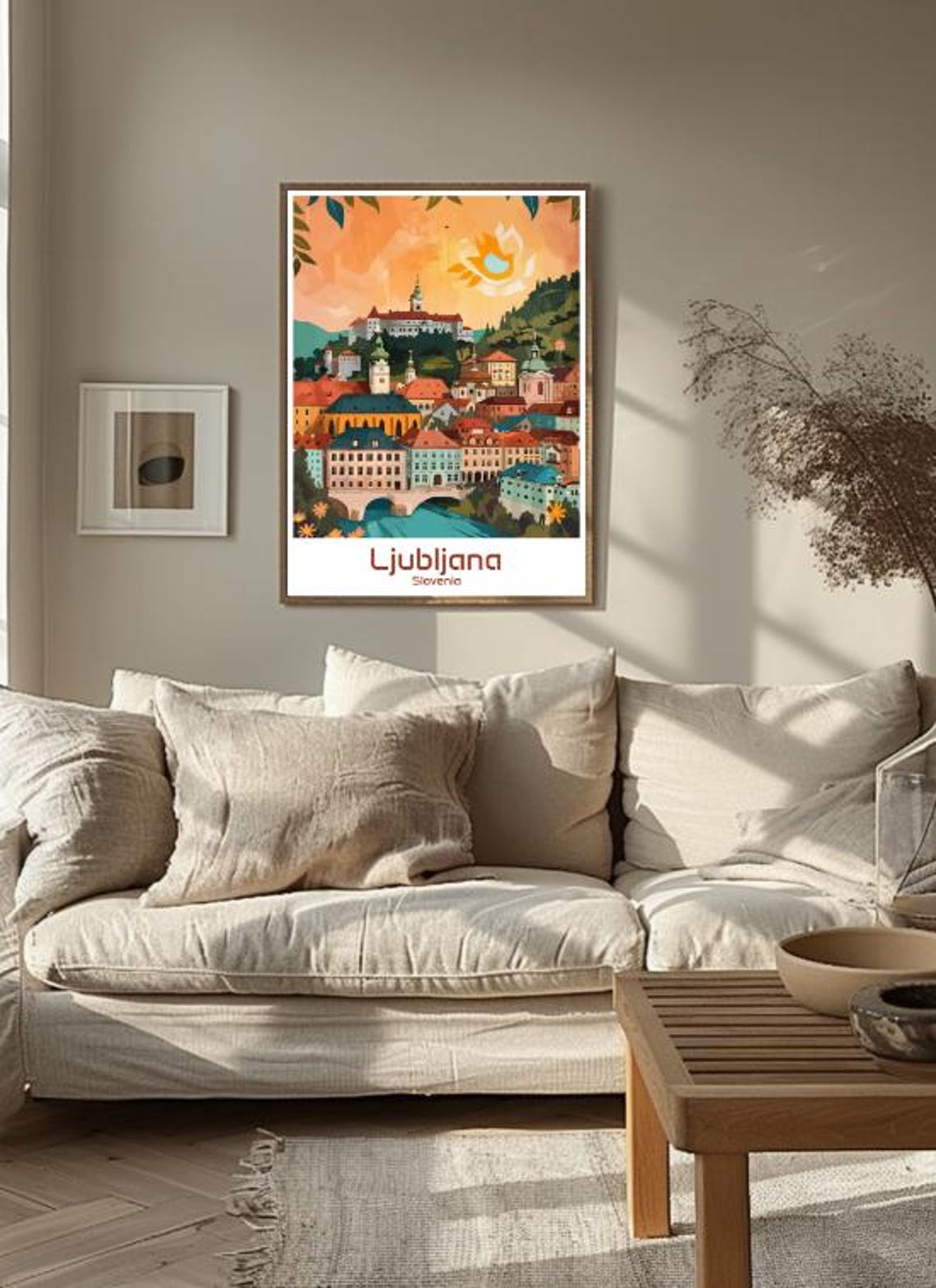 Ljubljana Slovenia Old Town Castle River Sunset Illustrated Poster - Image 3