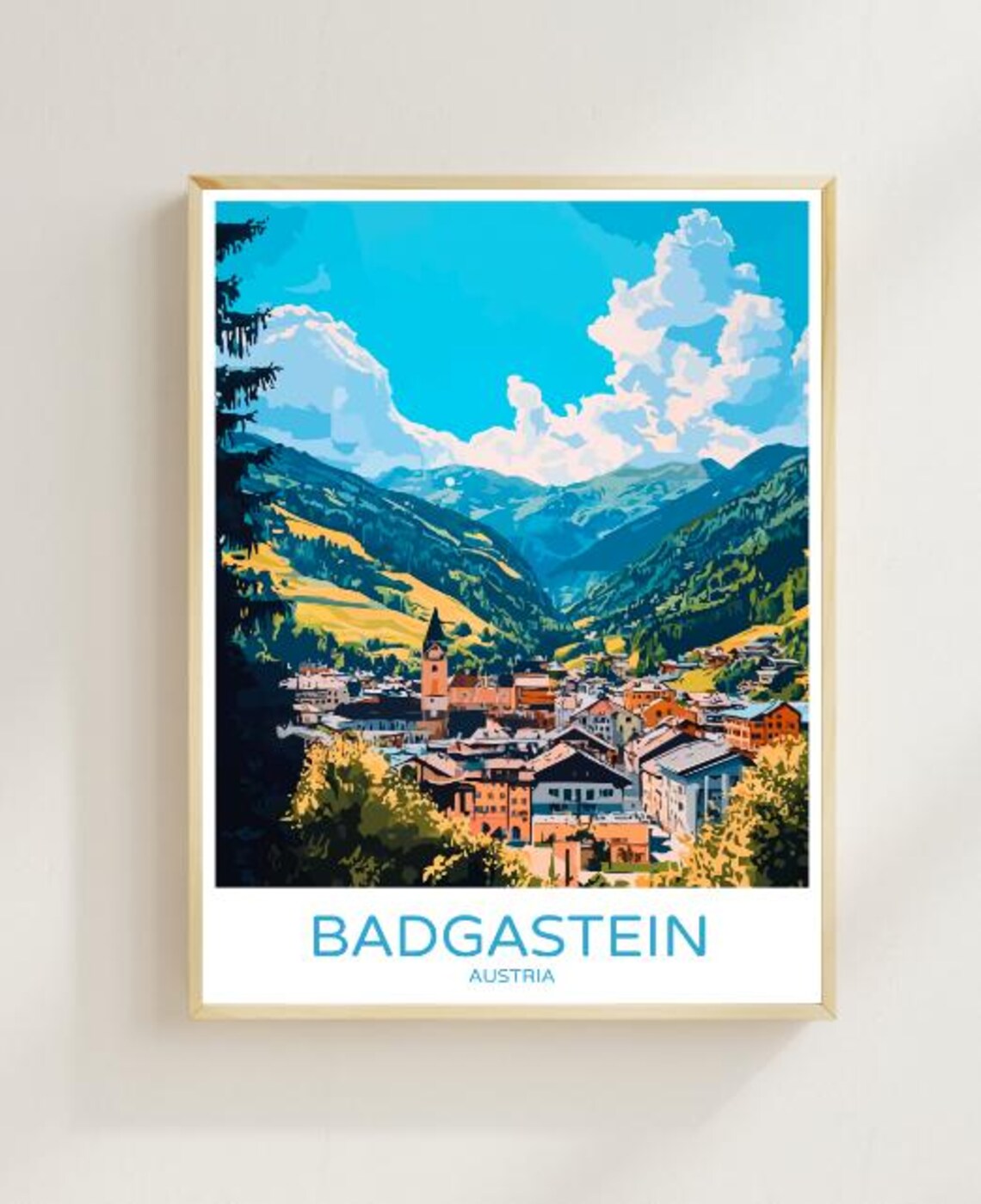 Badgastein Austria Alpine Village Church Tower Mountain Travel Poster