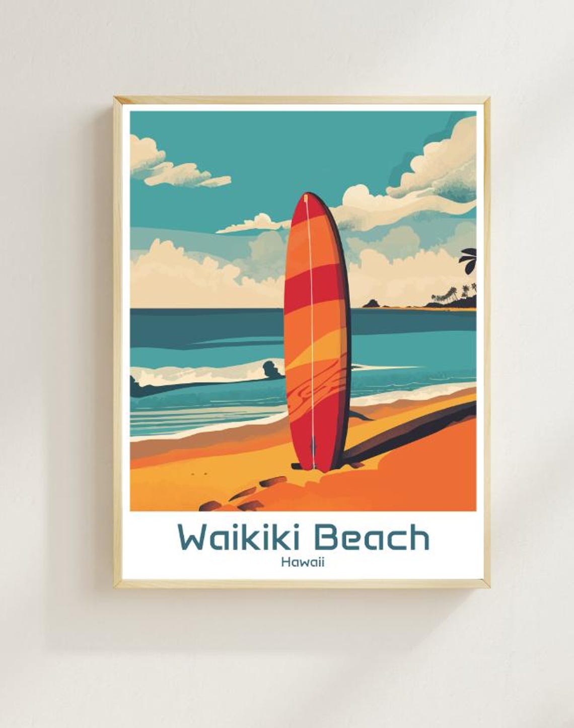 Waikiki Beach Hawaii Surfboard Golden Sand Retro Surf Art Poster