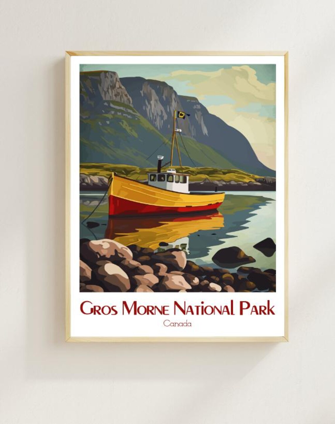 Gros Morne National Park Colorful Fishing Boat Under Cliffs Poster