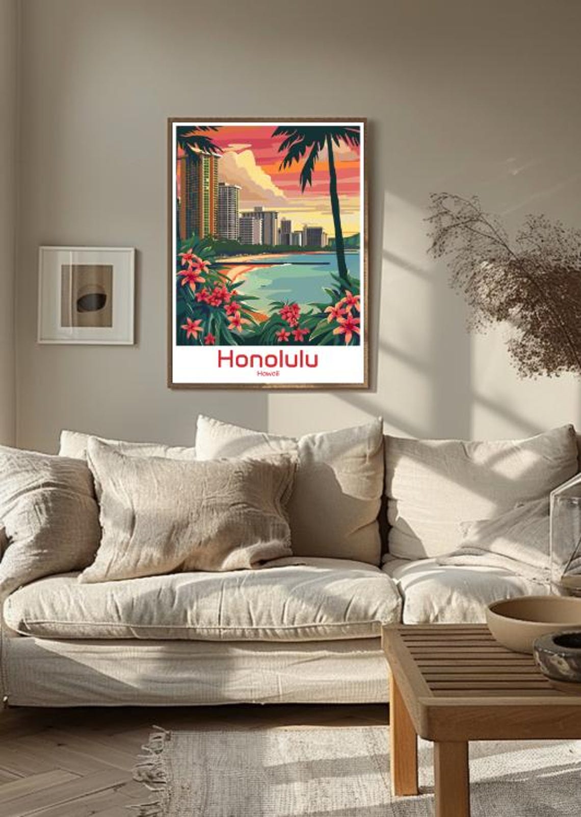 Honolulu Hawaii Waikiki Beach Skyline Palms Flowers Tropical Poster - Image 3