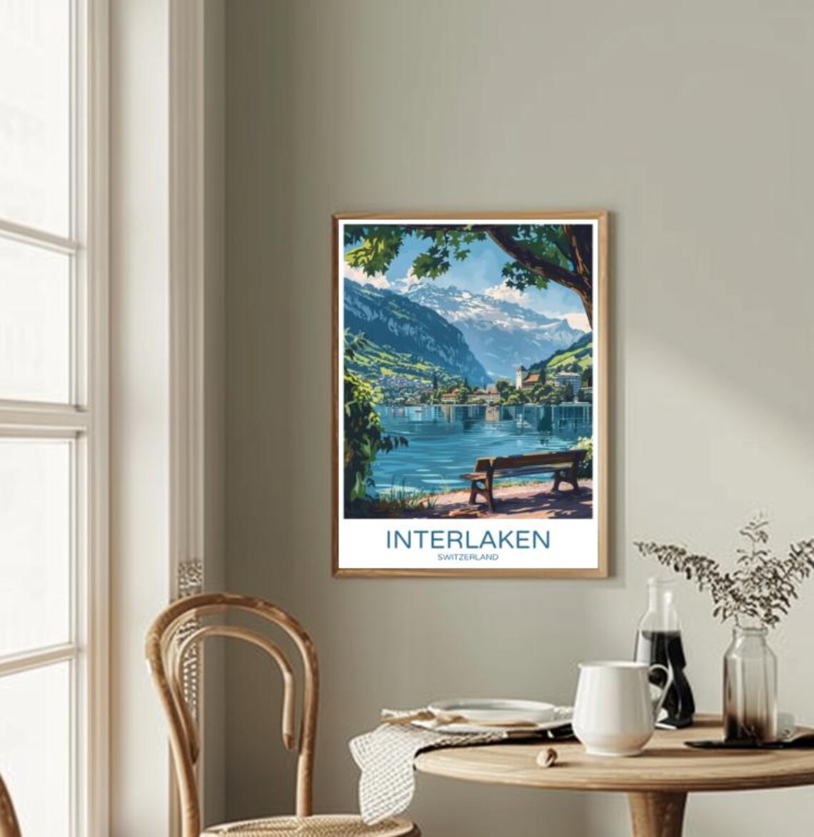 Interlaken Switzerland Lake Bench Snowy Peaks Lakeside Travel Poster - Image 2