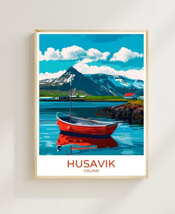Husavik Iceland Travel Poster Scenic Wall Art Of Whale Watching And Coastal Views Iceland Travel Print Nordic Decor