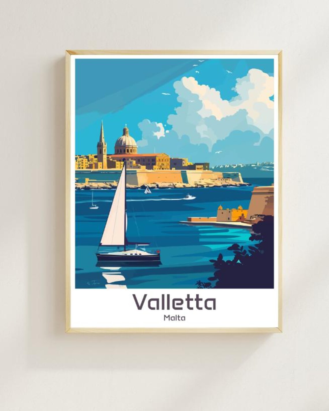 Valletta Malta Harbor Sailboat Fortress Vintage Illustrated Poster