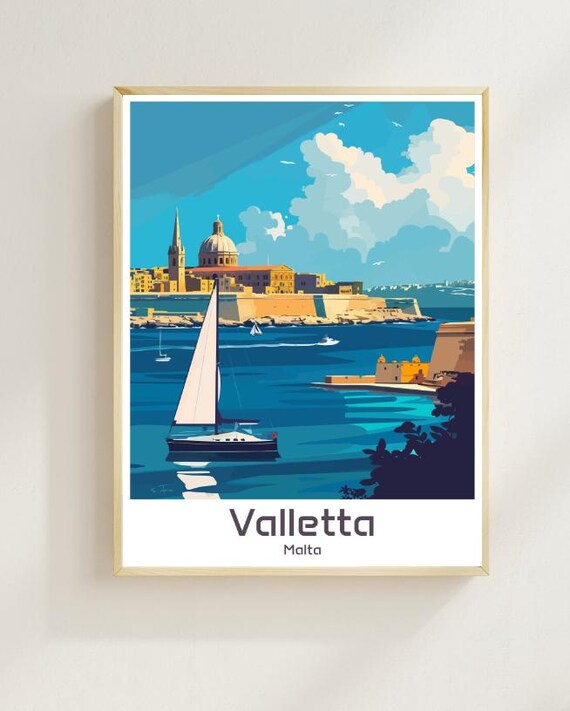 Valletta Malta Harbor Sailboat Fortress Vintage Illustrated Poster