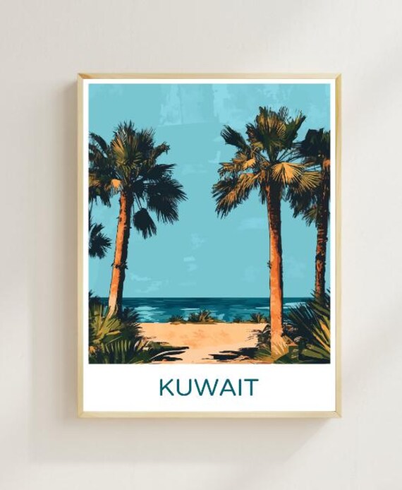 Kuwait Palm Tree Beach Tropical Coastline Vintage Travel Poster