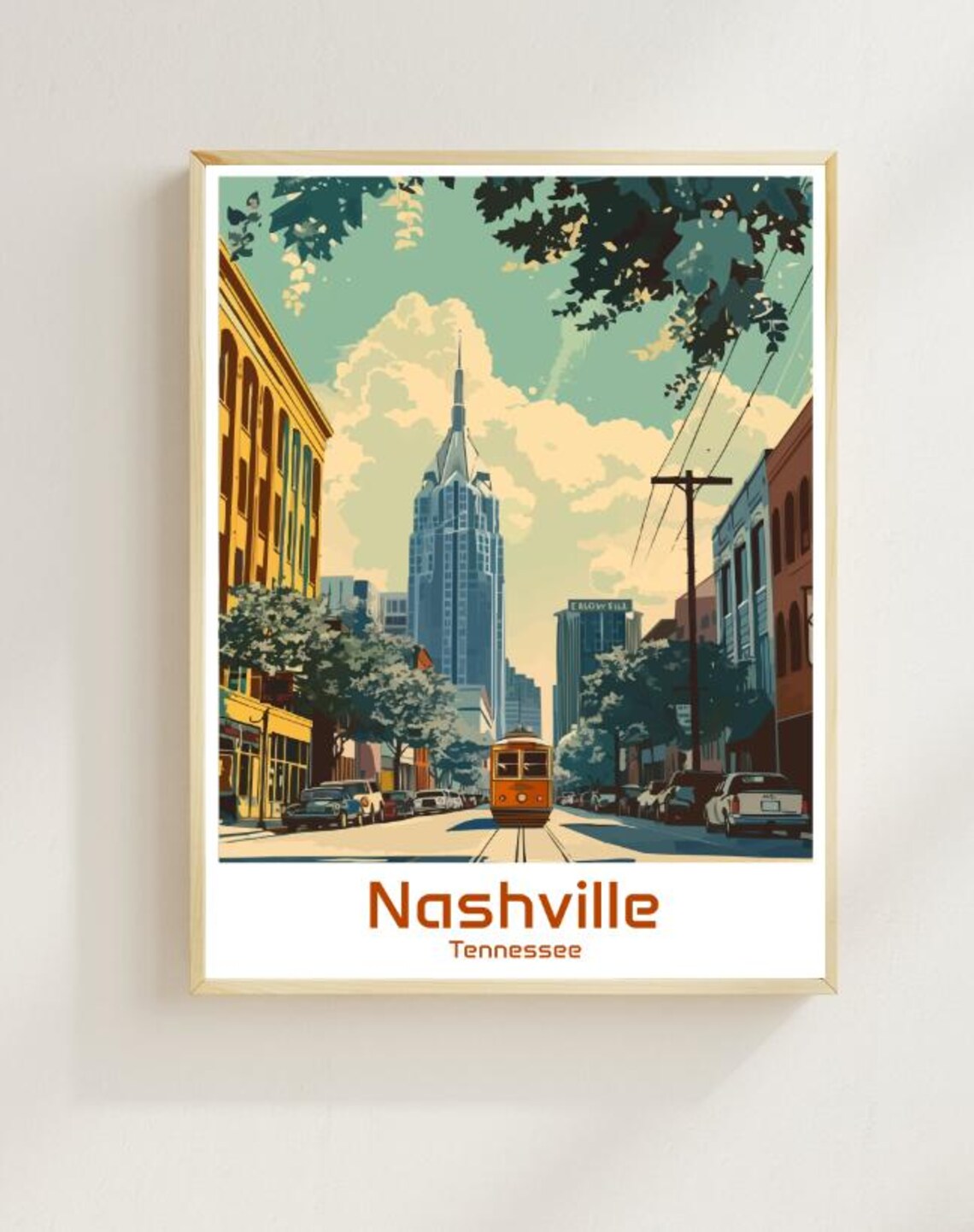 Nashville Tennessee Music City Street Trolley Illustrated Travel Poster