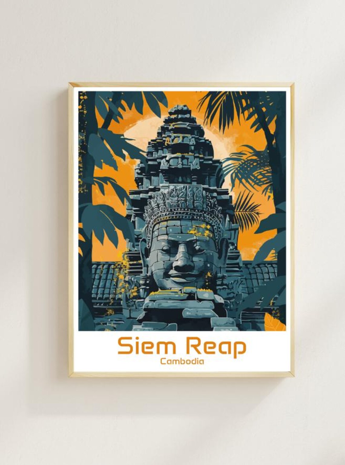 Siem Reap Cambodia Bayon Temple Stone Face at Orange Sunset Poster
