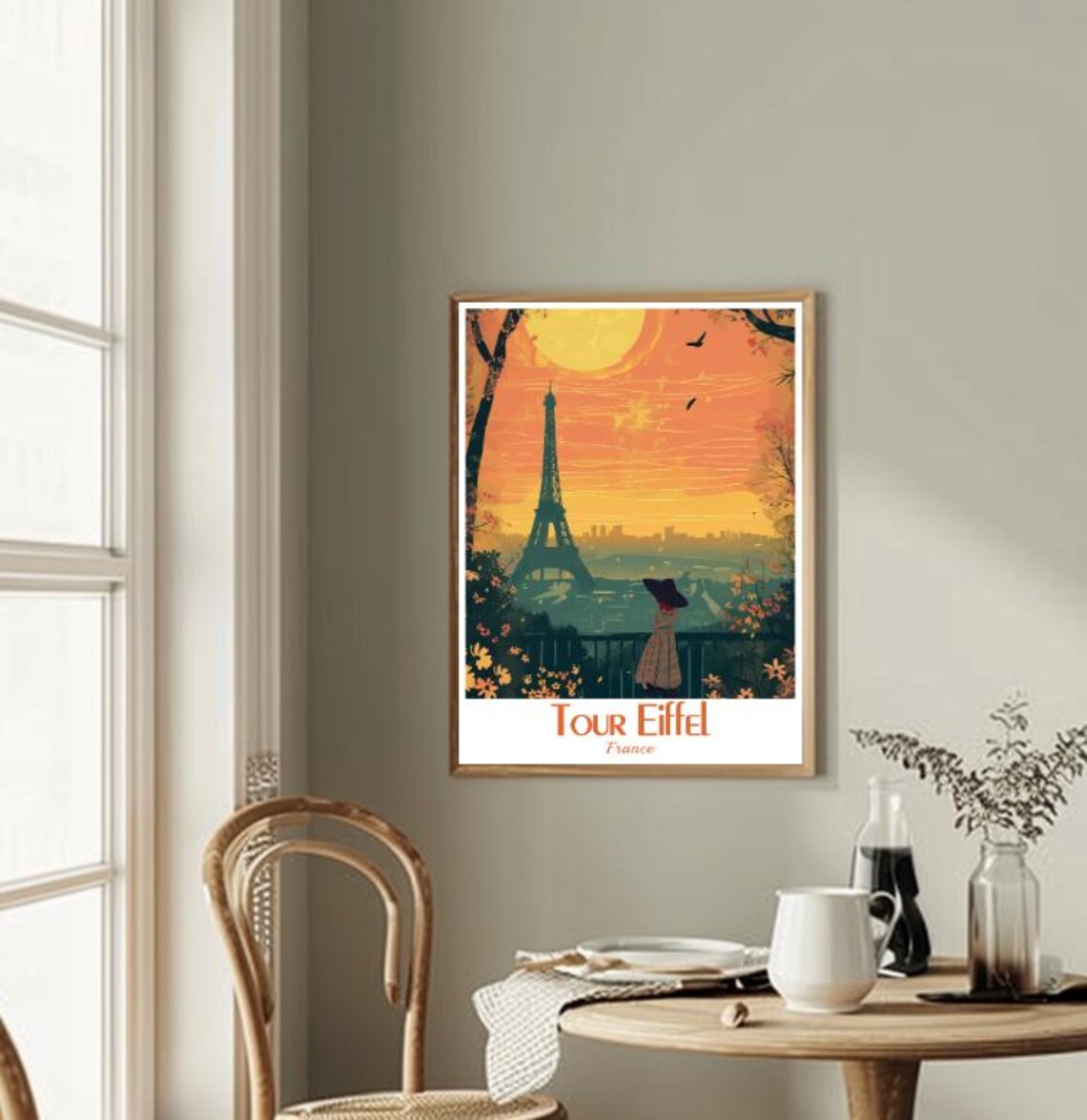 Tour Eiffel Paris Sunset Woman Silhouette Vintage Travel Poster - Image 2
