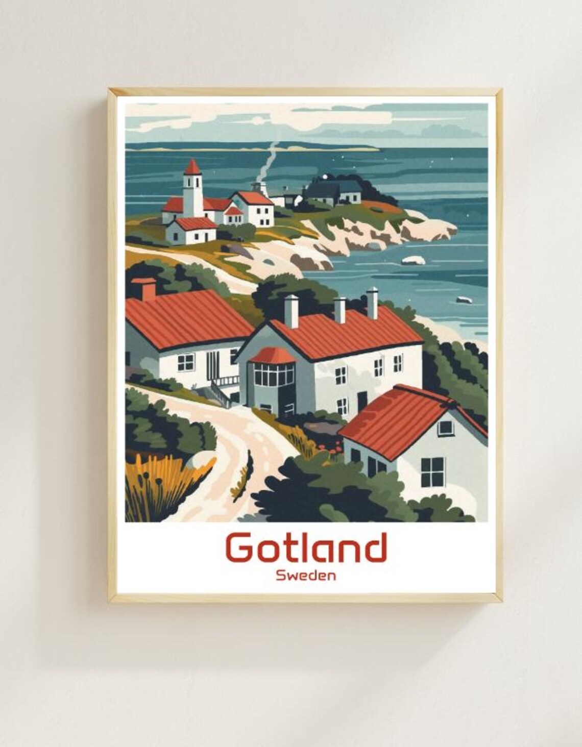 Gotland Sweden Coastal Cottages Rocky Shore Illustrated Poster