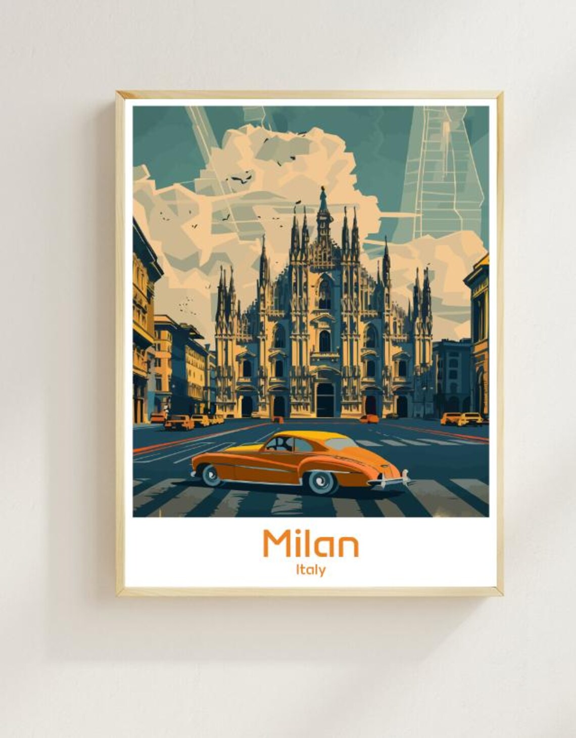 Milan Italy Duomo Cathedral Vintage Car Street Scene Travel Poster