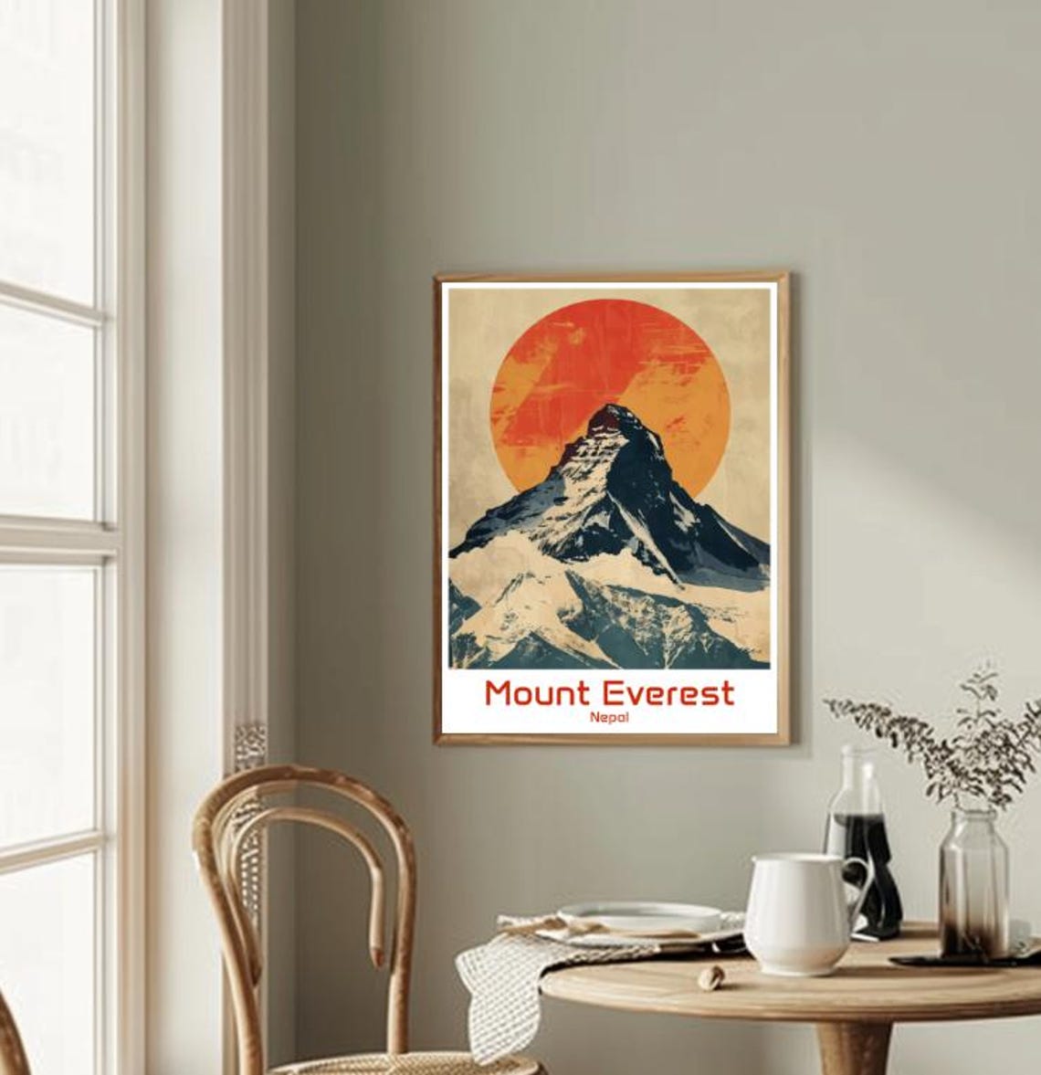 Mount Everest Nepal Snowcapped Peak Under Giant Orange Sun Poster - Image 2