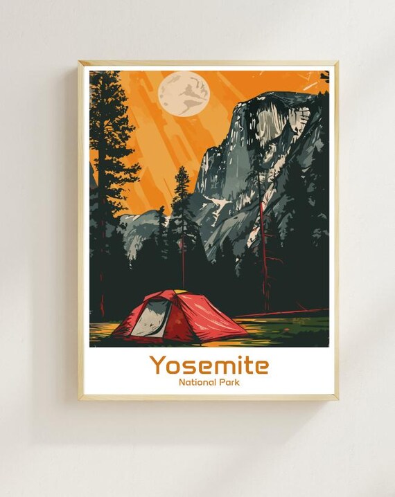 Yosemite National Park Rustic Orange Sky Tent Camping Night Poster