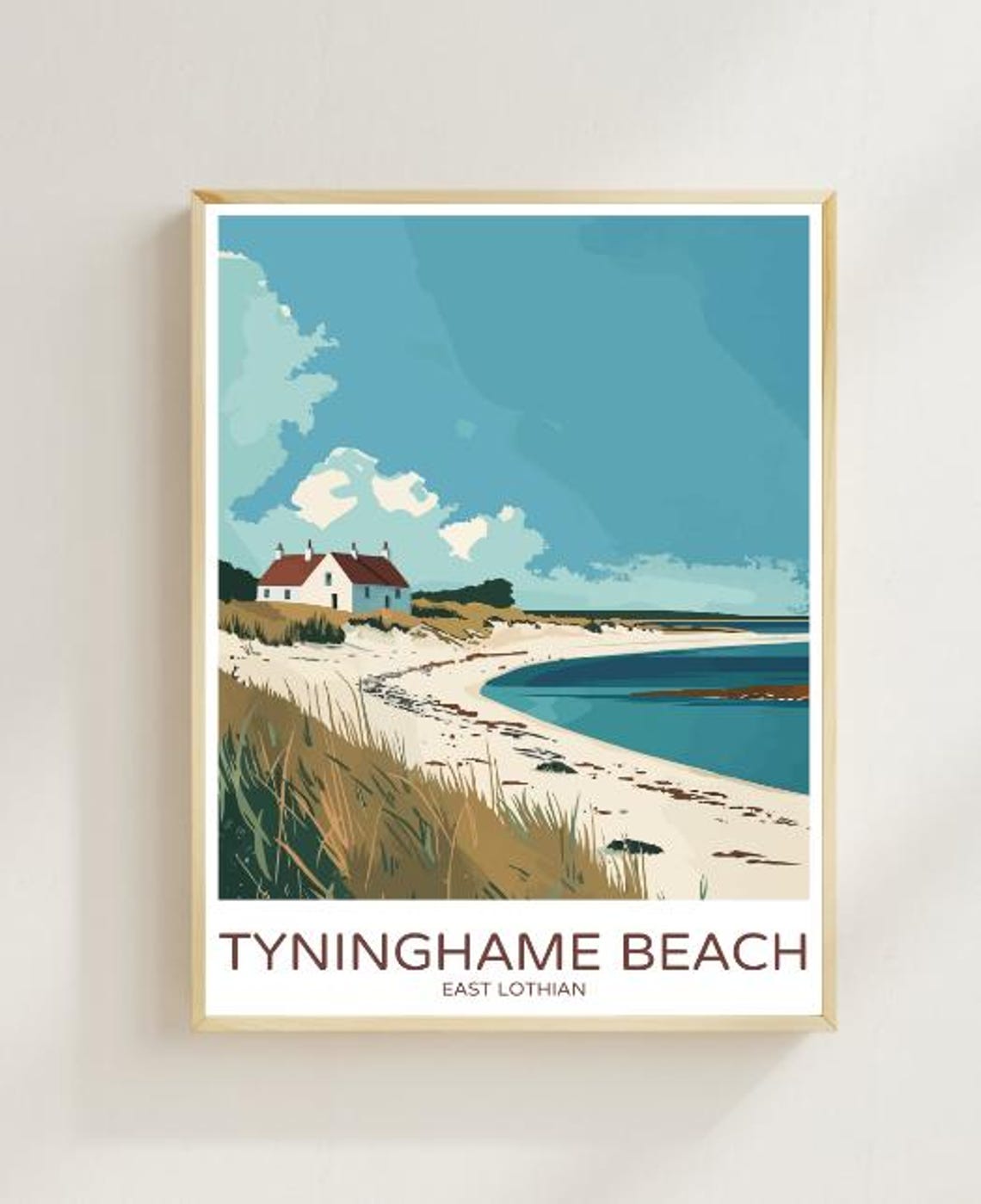 Tyninghame Beach Scotland Travel Poster With Dunes And Cottage View