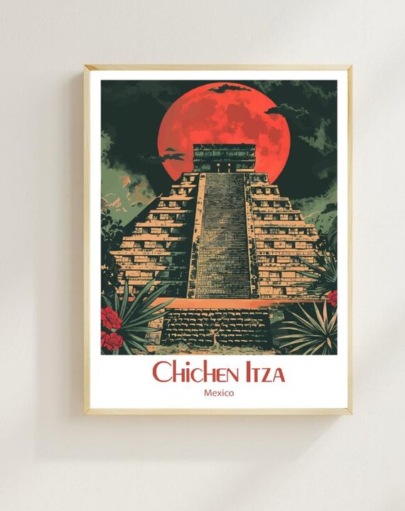Chichen Itza Travel Poster Ancient Mayan Pyramid Wall Art Yucatn Peninsula Print