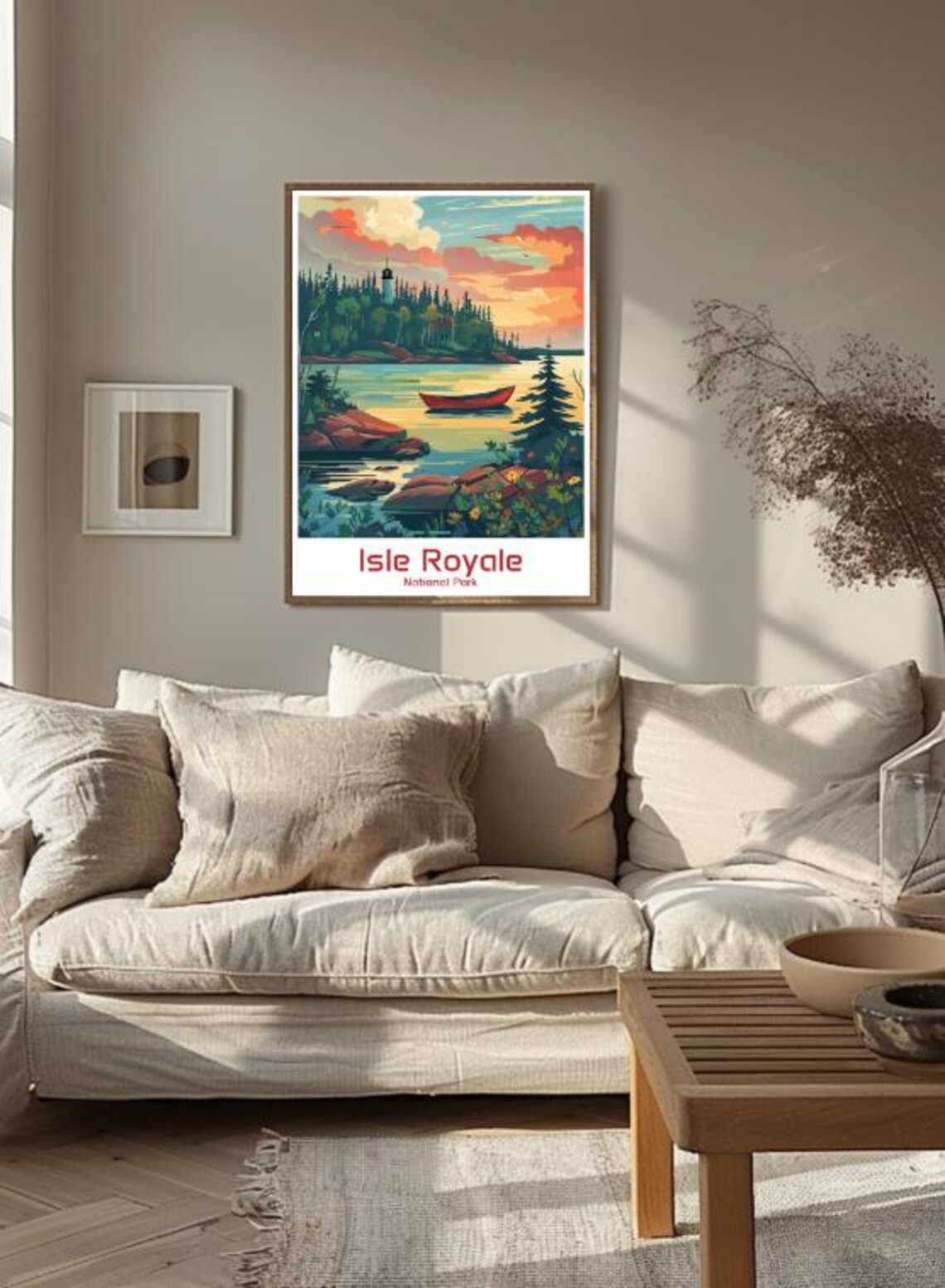 Isle Royale National Park Vintage Poster Lighthouse Lake Sunset Canoe Scene - Image 3