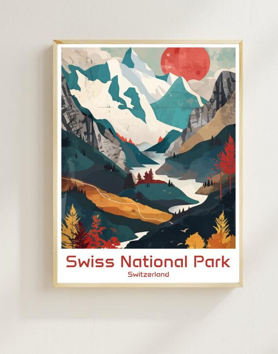 Swiss National Park Switzerland Alpine Valley Illustrated Poster