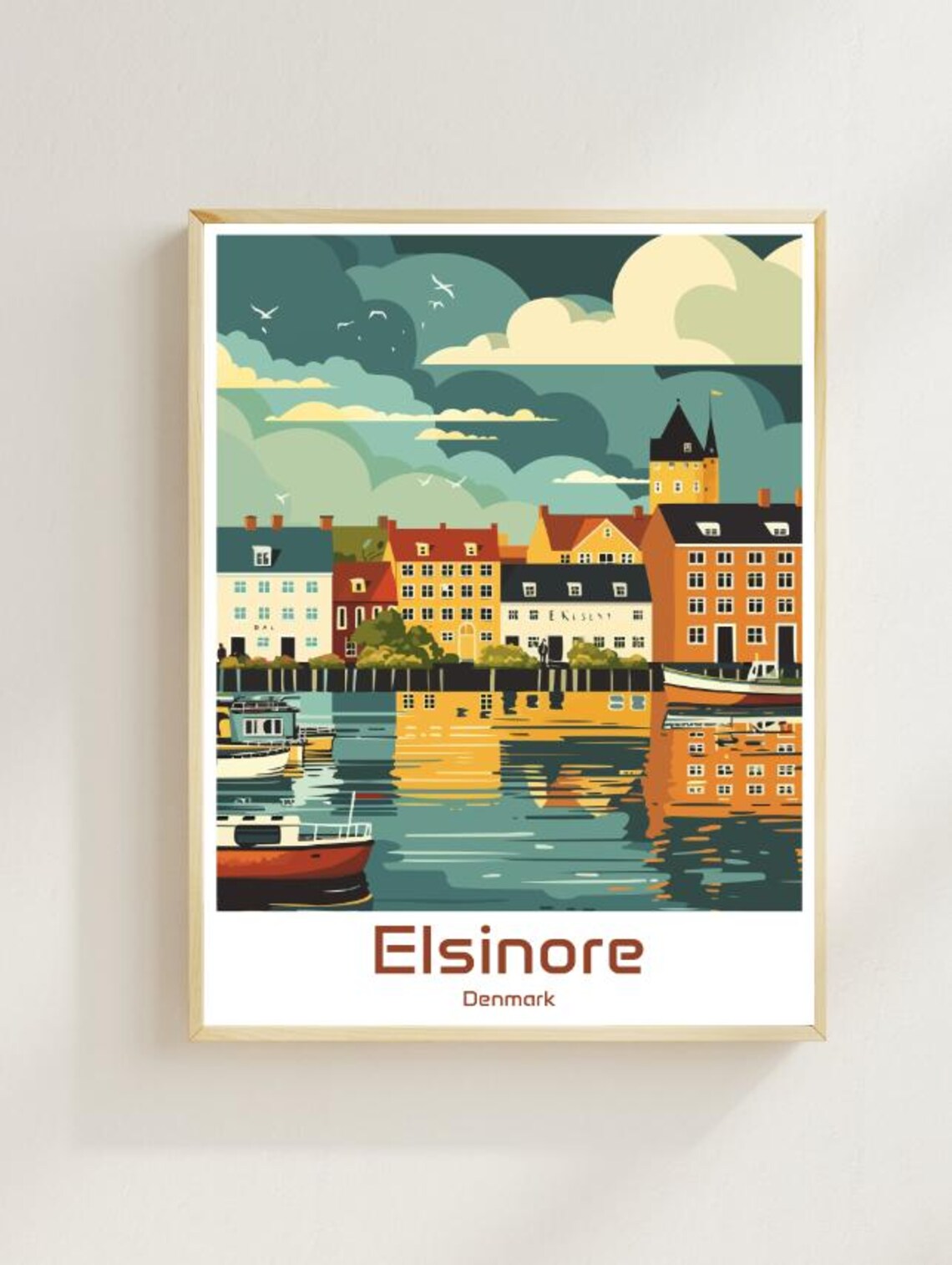 Elsinore Denmark Harbor Colorful Waterfront Houses Illustration Poster