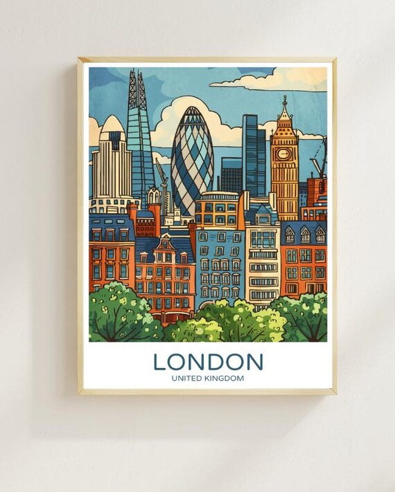 London United Kingdom Skyline Cityscape Big Ben Travel Poster Gift