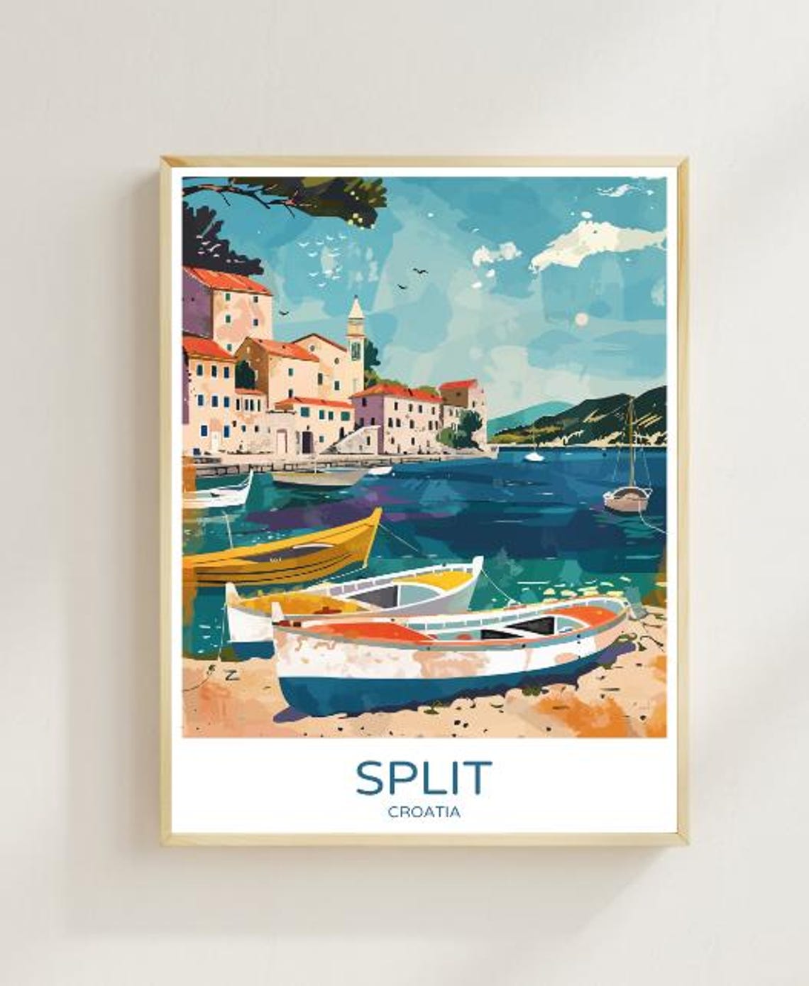 Split Croatia Harbor Boats Old Town Waterfront Vintage Travel Poster