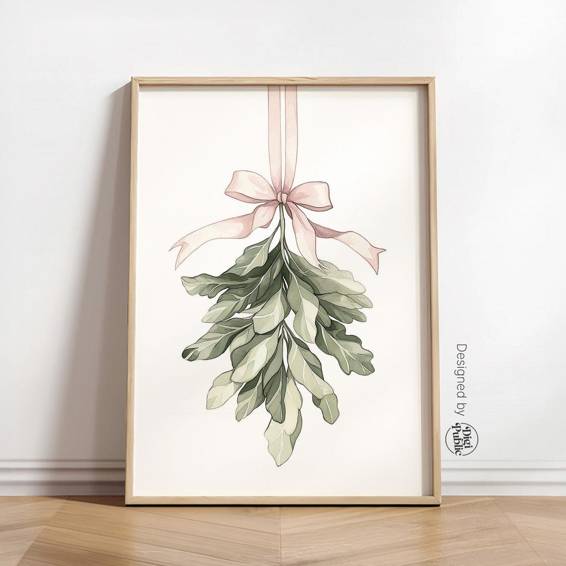 Mistletoe Watercolor Christmas Poster with Pink Bow Holiday Decor