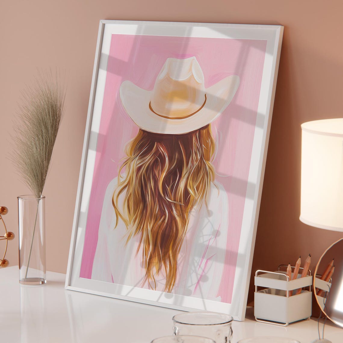 Cowgirl with White Hat from Behind Poster Pink Western Wall Decor - Image 5