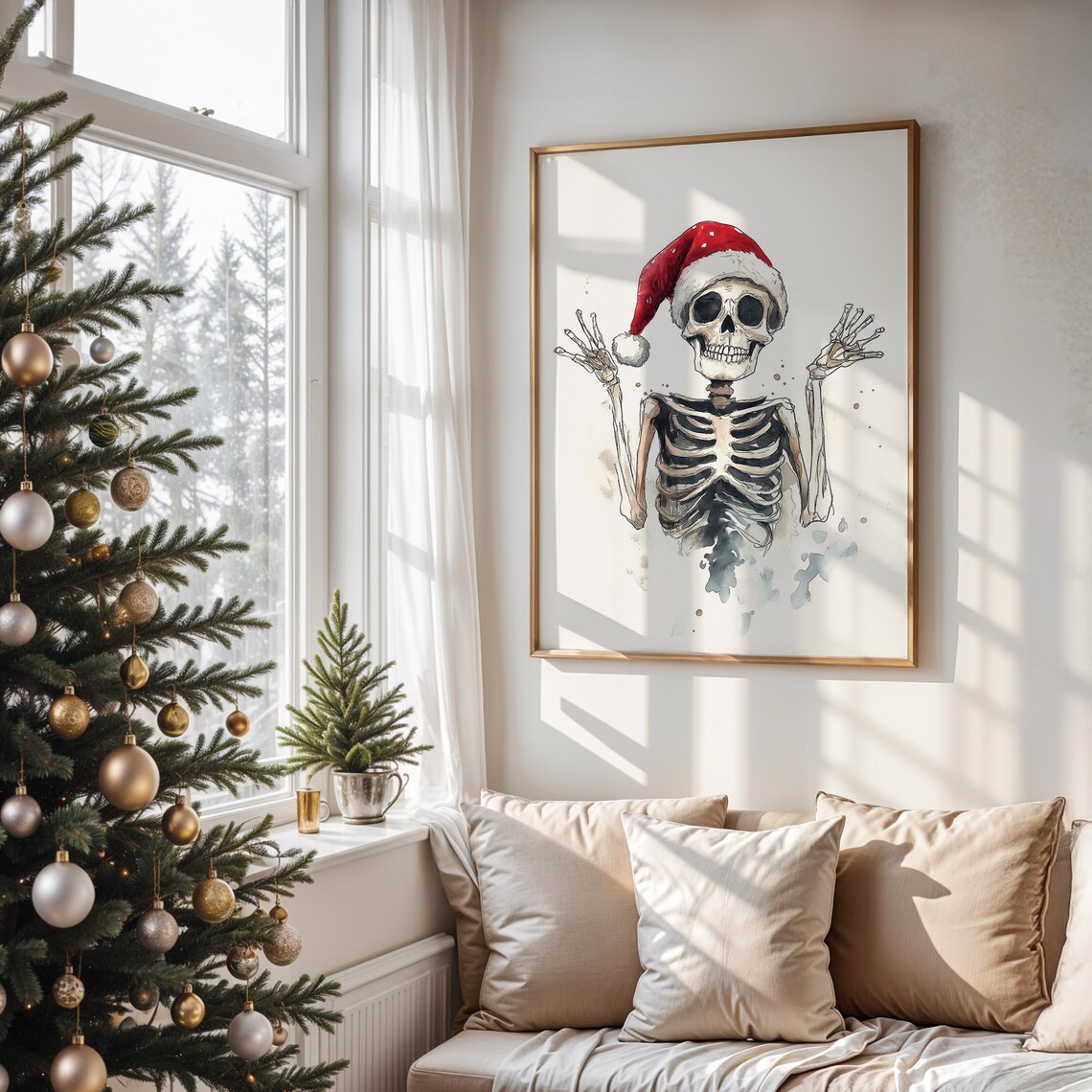 Funny Skeleton Wearing Santa Hat Watercolor Playful Christmas Wall Art - Image 2