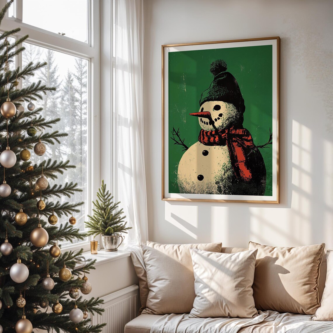 Retro Snowman Knit Hat Red Scarf Green Halftone Christmas Wall Art - Image 4
