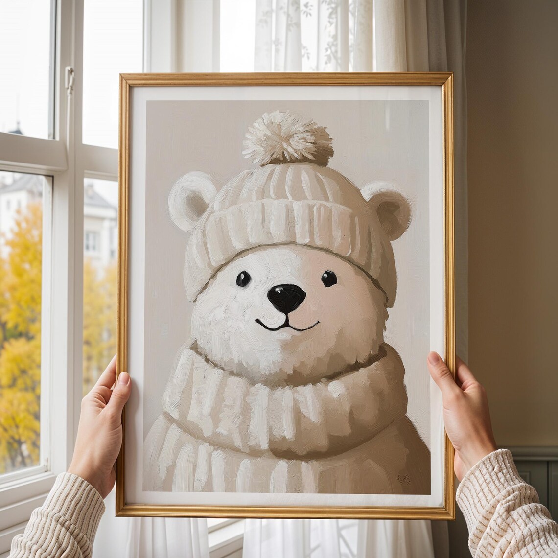 Cute Polar Bear In Cream Knit Hat Winter Animal Nursery Wall Decor Poster - Image 3