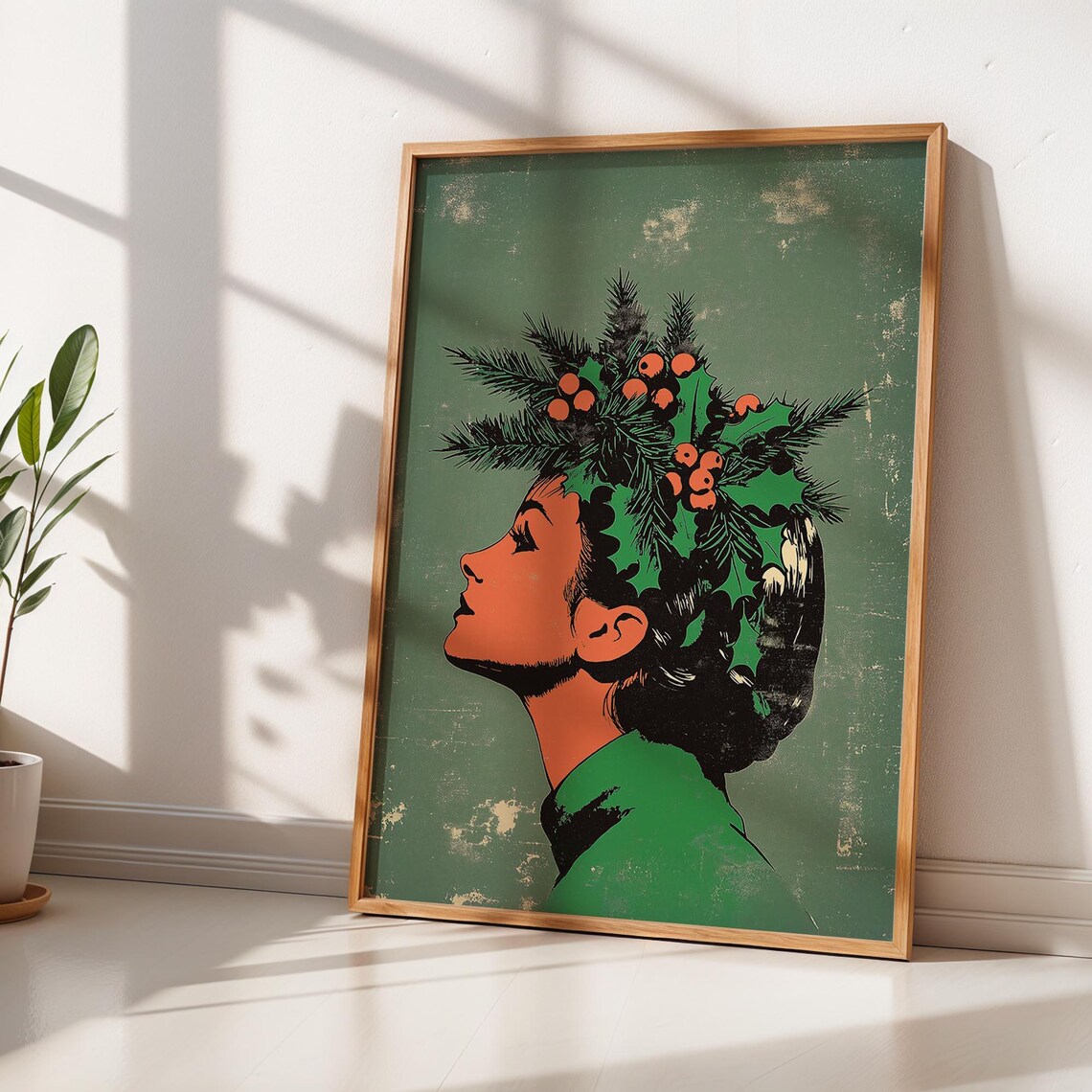 Woman Profile Holly Berry Crown Retro Sage Green Christmas Wall Art - Image 2