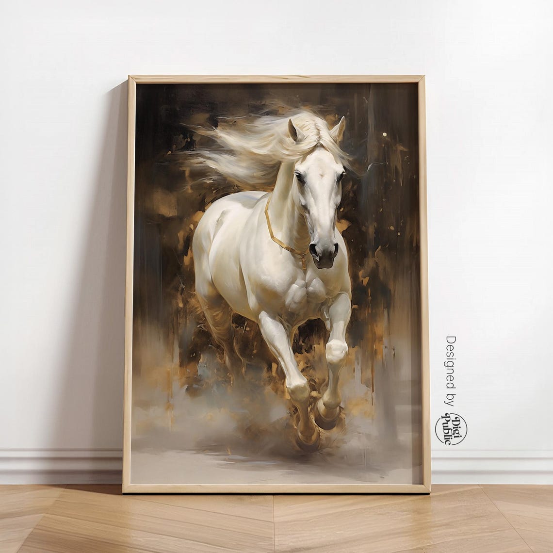Majestic White Horse Galloping Poster on Dark Golden Background