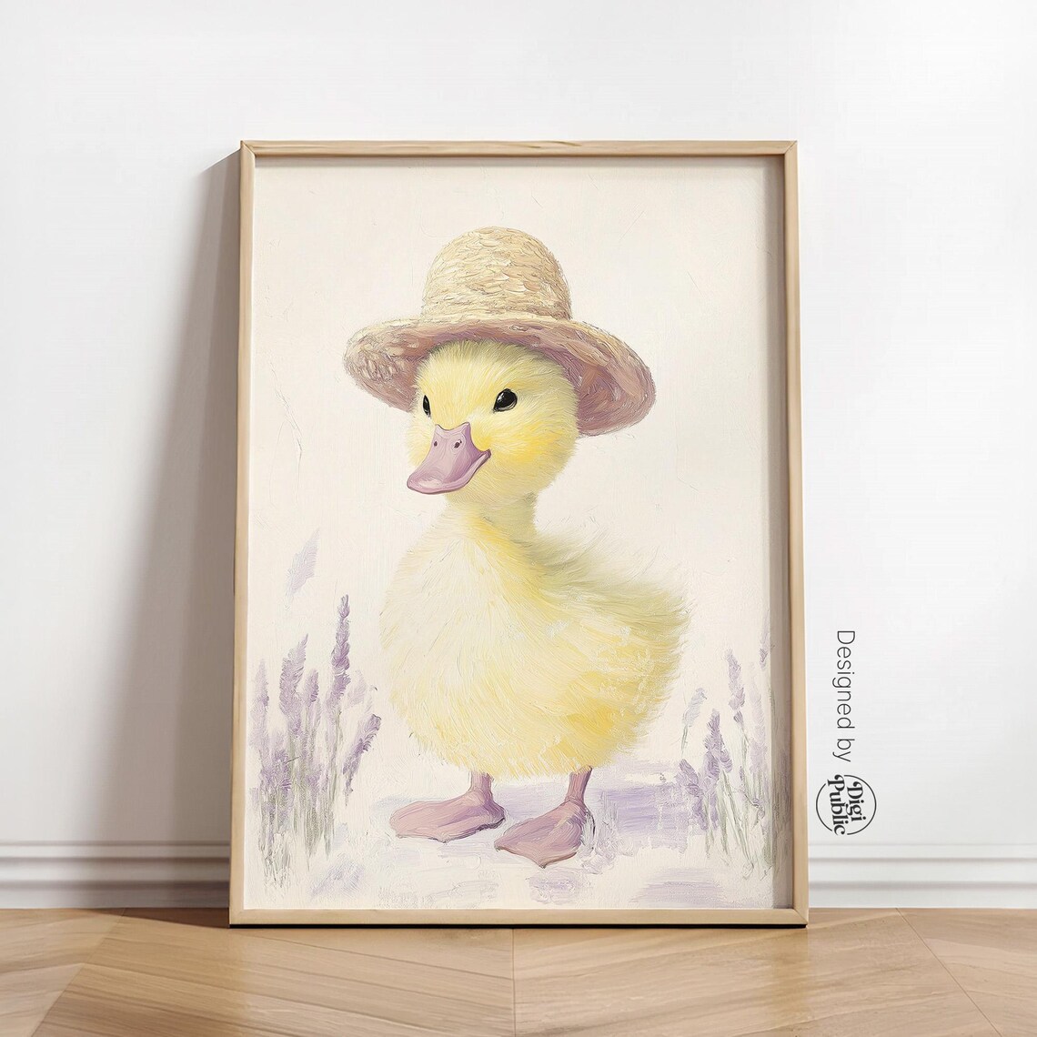 Cute Sweet Yellow Duckling In Straw Hat Watercolor Nursery Poster