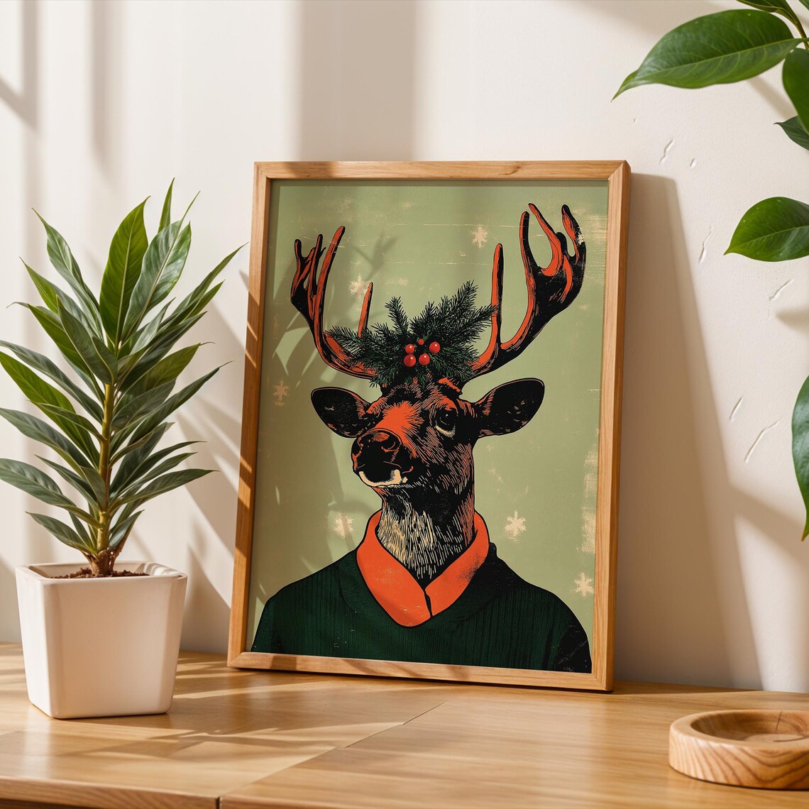 Funny Reindeer Green Sweater Sunglasses Pine Berries Holiday Wall Art - Image 2