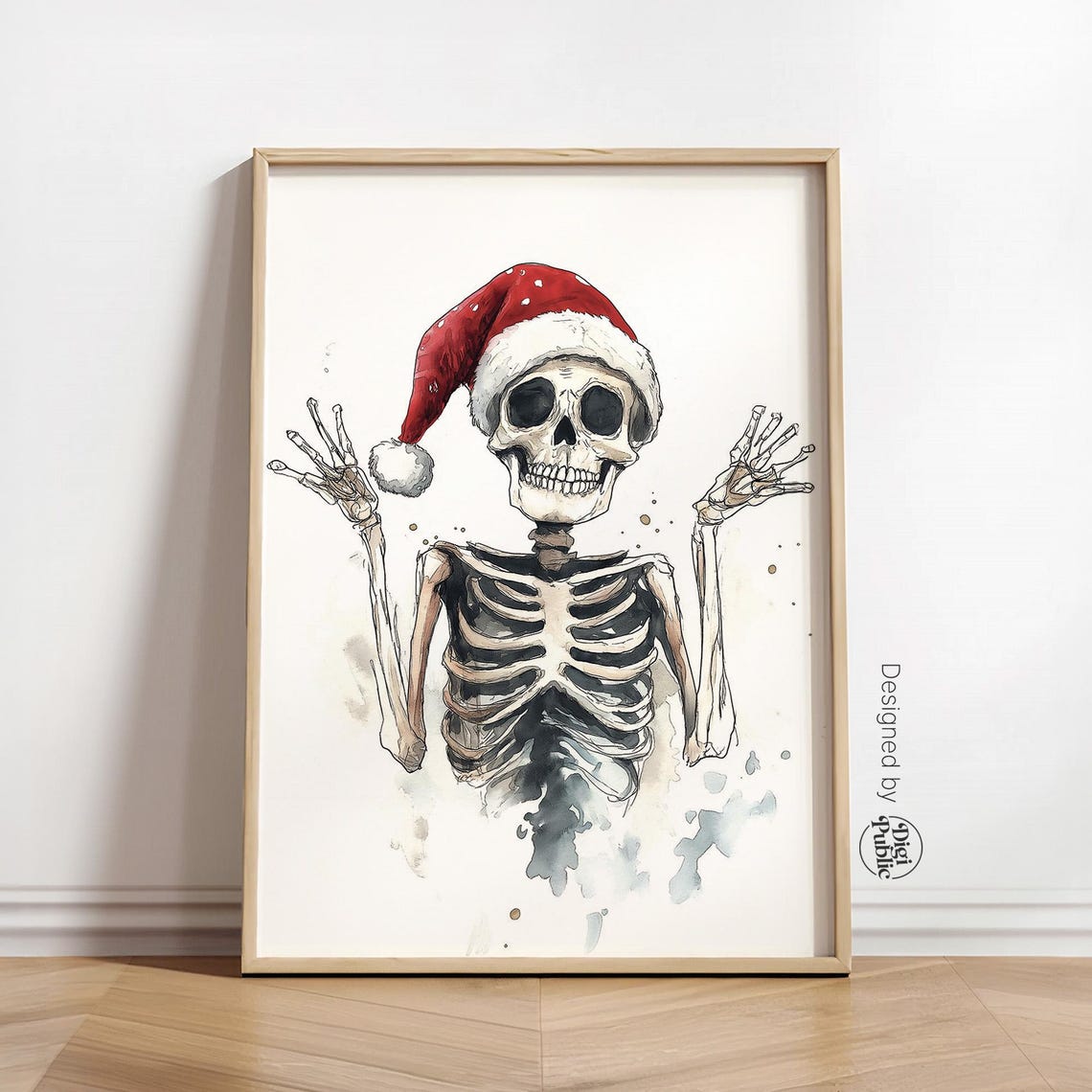 Funny Skeleton Wearing Santa Hat Watercolor Playful Christmas Wall Art