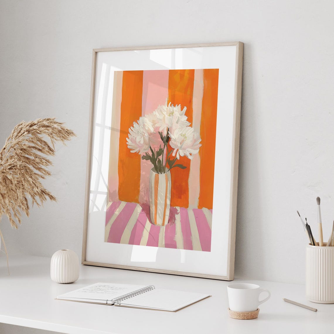 White Flowers Vase on Orange Striped Poster Bold Floral Still Life - Image 2
