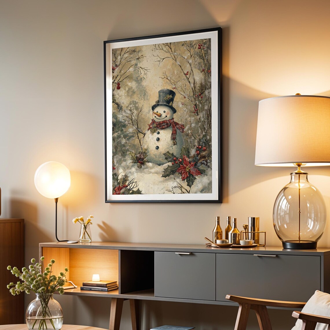 Vintage Snowman Black Top Hat Snowy Woodland Berry Winter Wall Art - Image 4