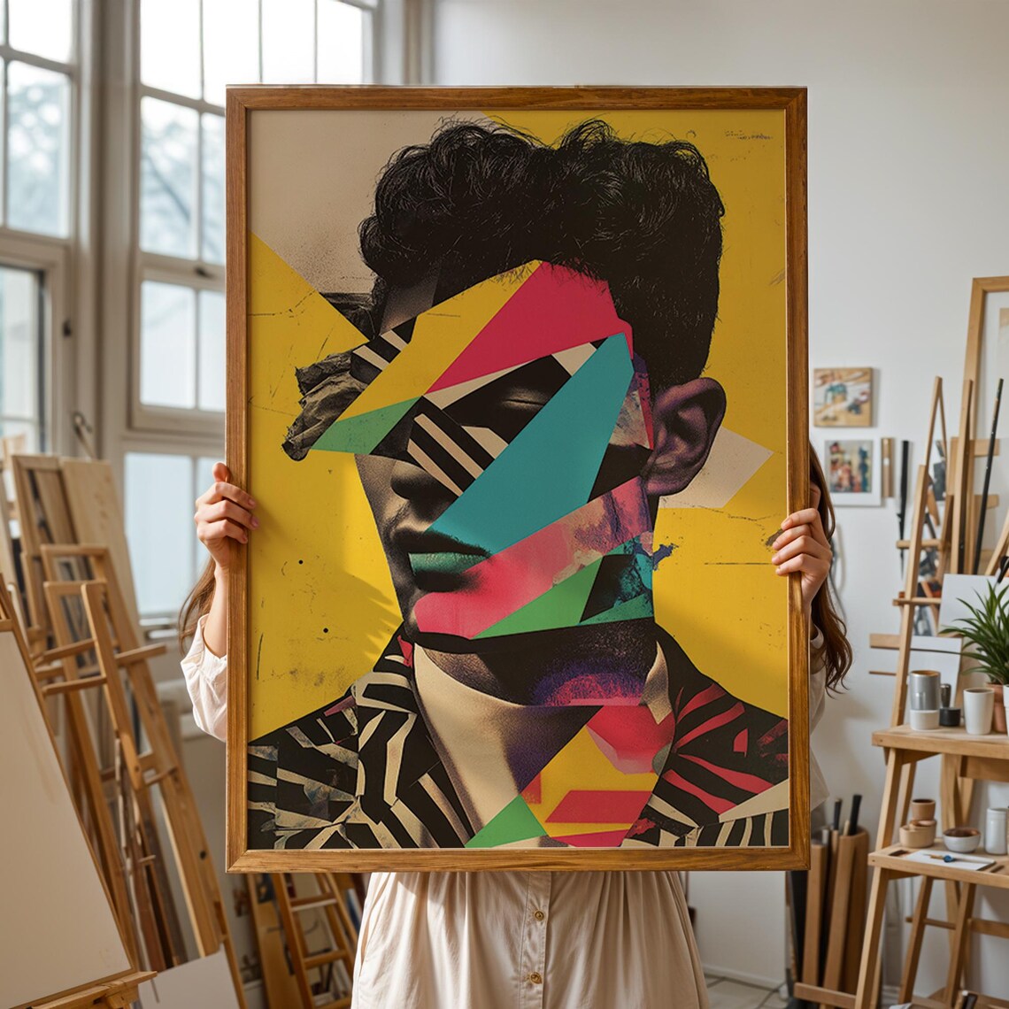 Geometric Collage Male Portrait On Mustard Yellow Art Poster - Image 3