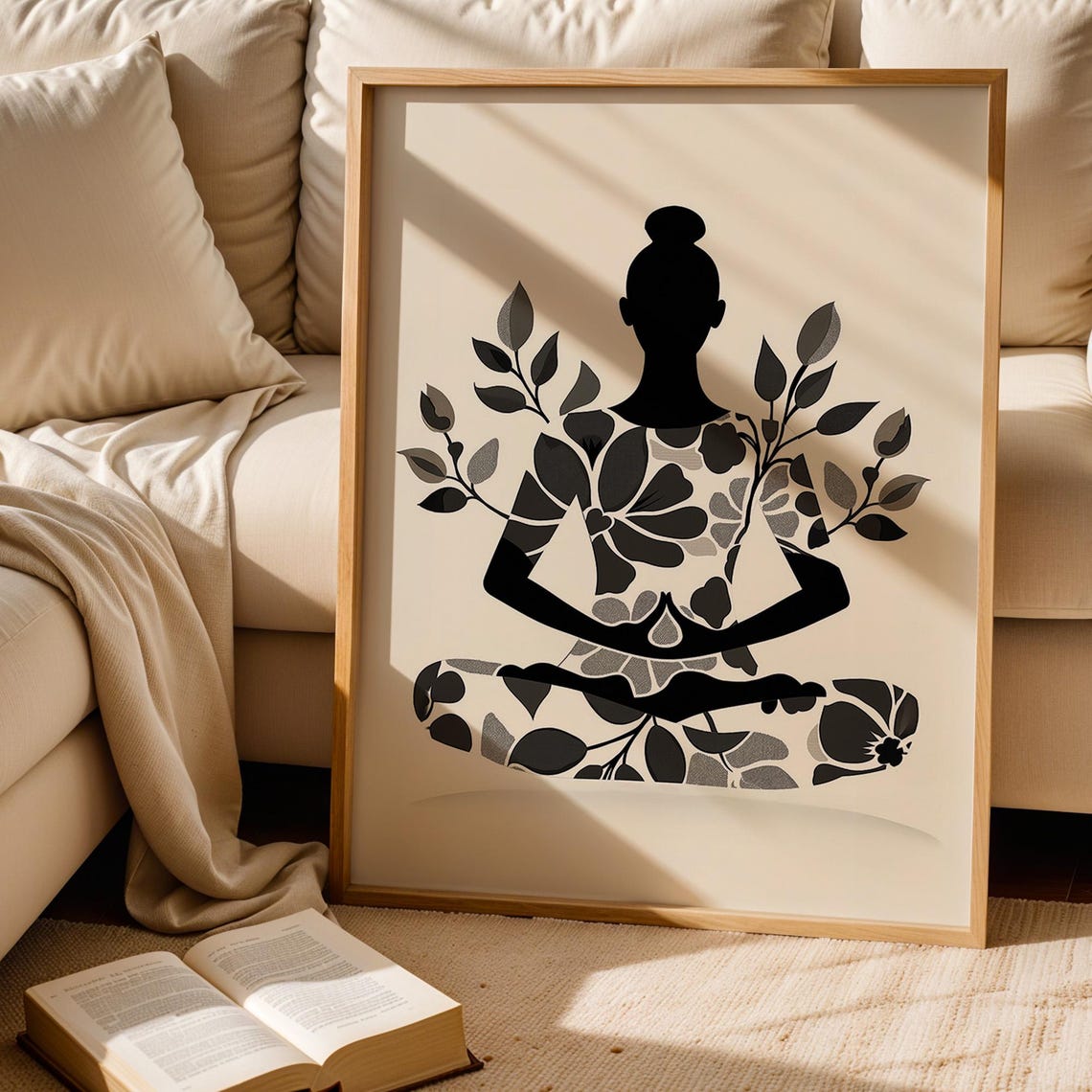 Black Yoga Silhouette Floral Poster Monochrome Zen Meditation Art - Image 2