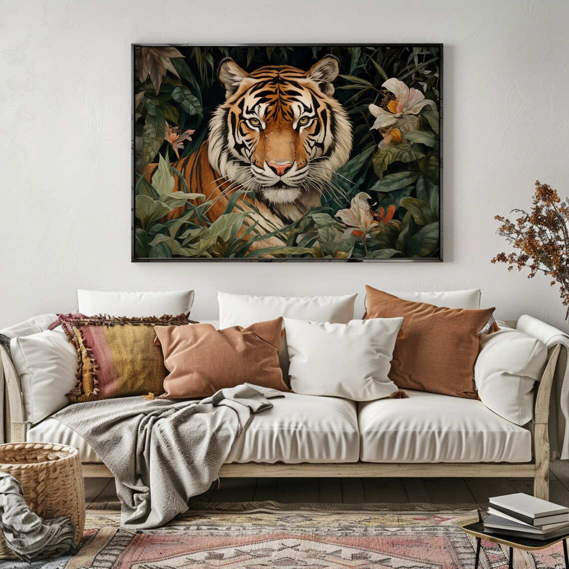 Majestic Tiger Portrait in Dark Jungle Foliage Boho Wall Art - Image 5