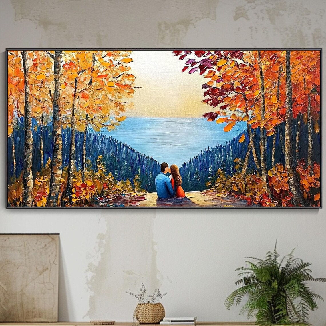Romantic Couple Overlooking Lake Autumn Forest Painting Poster
